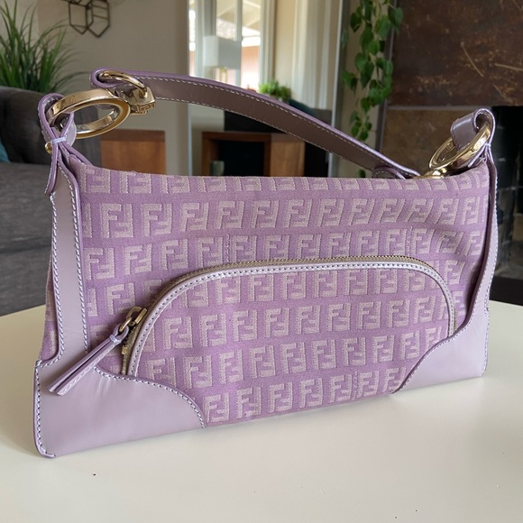 Fendi Handbags - Vintage Y2K Fendi Zucchino Borsa Canvas Lilac Leather Shoulder Baguette Bag